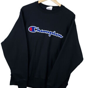 Vintage Champion Men's Embroidered Reverse Weave Pullover Sweatshirt Large Black